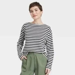 Target Universal Thread Navy and White Striped Boat Neck Shirt